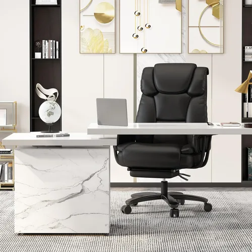 Miniatura 3 de GYI Silla de oficina reclinable 160 con reposapiés, silla de escritorio grande y alta, color negro Asiento con patas cruzadas, respaldo alto, piel