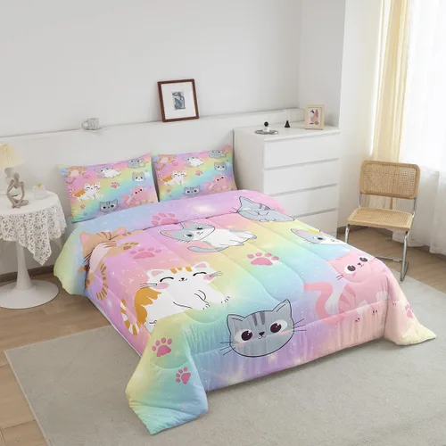 Miniatura 31 de Erosebridal Juego de ropa de cama para niños, tamaño individual, diseño de gatos de dibujos animados, para niñas, niños y adolescentes, edredón