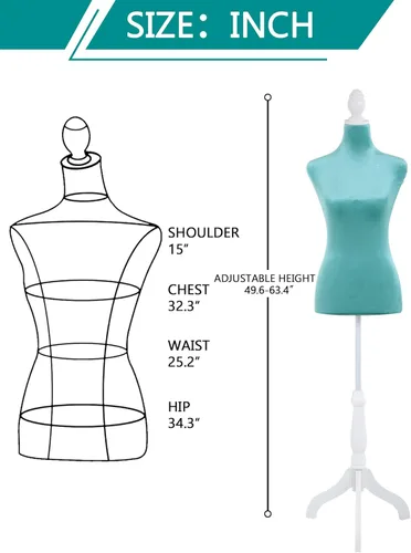 Miniatura 2 de Forma de maniquí femenino de 49.6 a 63.4 pulgadas, torso de maniquí ajustable con base de trípode de madera, soporte para vestido, joyería, costura