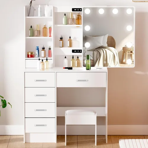 Miniatura 12 de Espejo de tocador con luces, escritorio y silla, 5 cajones y gabinete, mesa de maquillaje con espejo grande HD, 3 modos de iluminación, mesa
