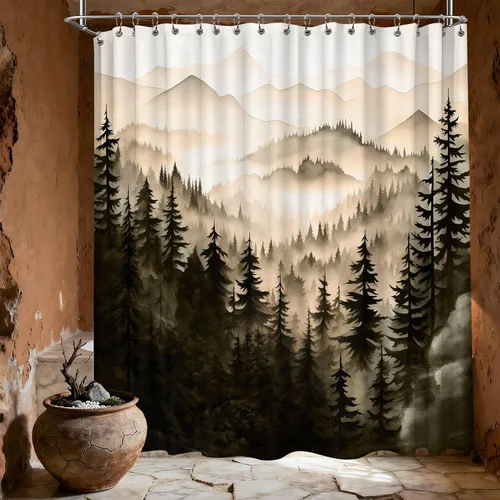 Miniatura 34 de Cortina de ducha azul marino de bosque Cortina de ducha azul oscuro de montaña y naturaleza para decoración de baño de hombres, tela impermeable