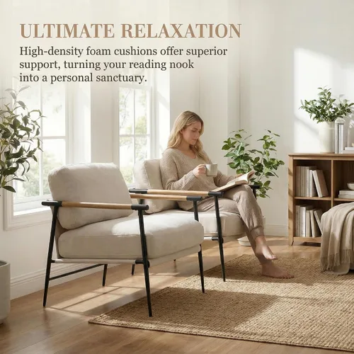 Miniatura 3 de DUOMAY Silla decorativa moderna de chenilla, tapizada, color beige, con patas de metal, cómoda y ligera, para sala de estar, sillón para lectura