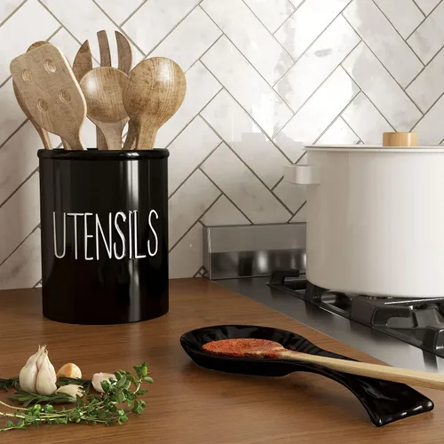 Miniatura 6 de Barnyard Designs Soporte de cerámica para utensilios de cocina de granja para encimera, utensilio decorativo de cocina para encimera, soporte
