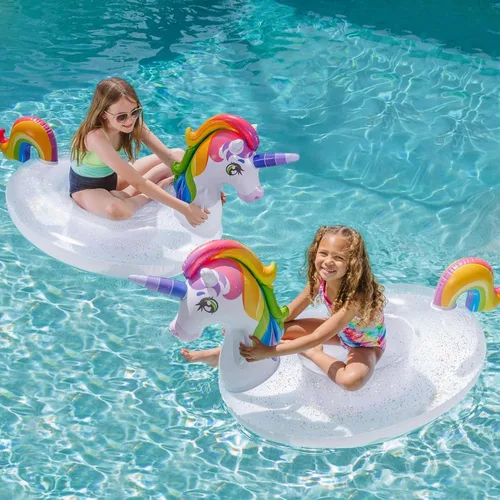 Miniatura 6 de JOYIN Flotador de piscina de unicornio para niños, inflable de unicornio arcoíris con purpurina, flotadores divertidos para montar en la playa