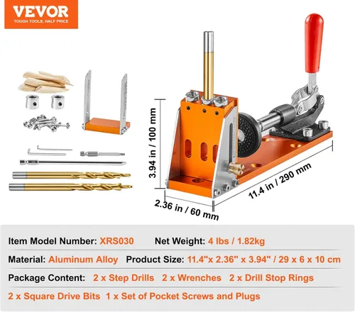 Miniatura 7 de VEVOR Kit de plantilla de agujero de bolsillo, fácil de usar para proyectos de madera, viene con taladros escalonados, collares de tope, llaves