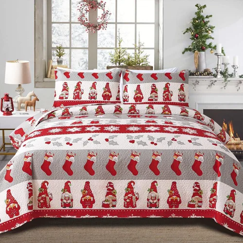 Miniatura 9 de Juego de colcha de Navidad de Smuge, tamaño king - Reversible, con diseño de alce, muñeco de nieve, árbol de Navidad, pequeña campana, rojo, verde