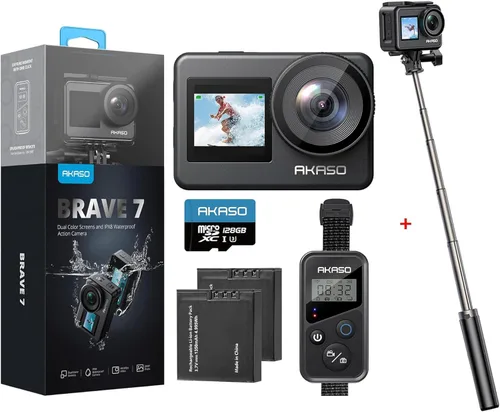 AKASO Brave 7 Cámara de acción 4K30FPS 20MP con tarjeta de memoria MicroSDXC U3 de 128 GB, pantalla táctil IPX8 33 pies EIS 2.0 Zoom Cámara con 23.6