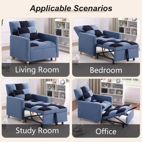 Miniatura 6 de Sofá cama convertible 3 en 1, silla reclinable de tela de terciopelo para interiores con respaldo ajustable y almohada para adultos, sofá extraíble