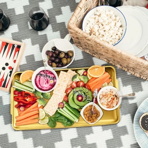 Miniatura 7 de 2 bandejas de acero inoxidable para servir, 15.7 x 9.4 pulgadas, bandeja rectangular dorada con asa, plato decorativo para mesa de café, plato