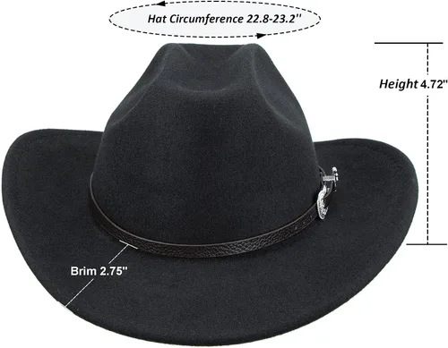 Miniatura 11 de Sombrero de vaquero clásico de fieltro occidental para mujeres y hombres de ala ancha con hebilla de cinturón (tamaño: mediano-grande)