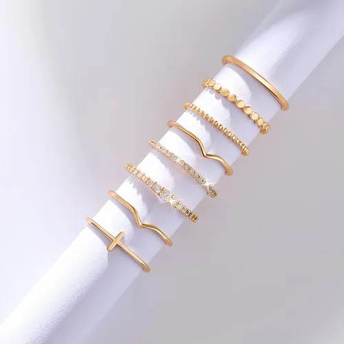 Miniatura 7 de RLMOON Juego de 8 anillos chapados en oro de 14 quilates y plata para mujer, anillo de diamantes de imitación de circonita cúbica, anillo