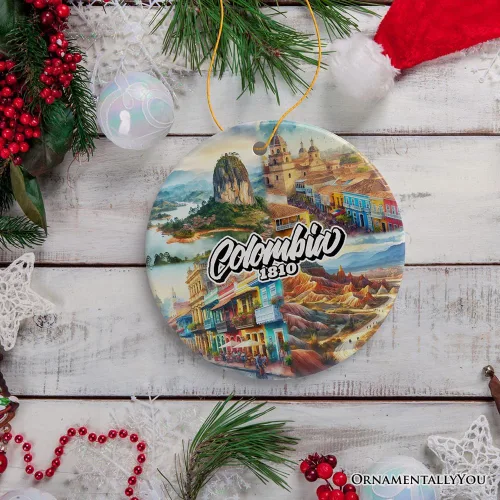 Miniatura 6 de Colorido adorno navideño de cultura y monumentos de Colombia, regalo del patrimonio latinoamericano y recuerdo de Bogotá (círculo - versión 1)