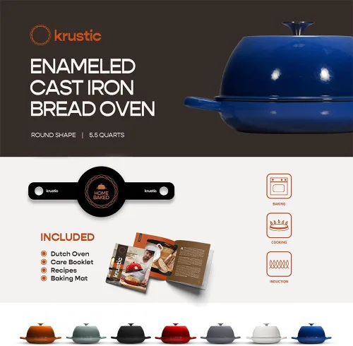 Miniatura 4 de Krustic Horno holandés de hierro fundido esmaltado para hornear pan de masa madre, olla redonda de 6 cuartos de galón con tapa, juego de utensilios
