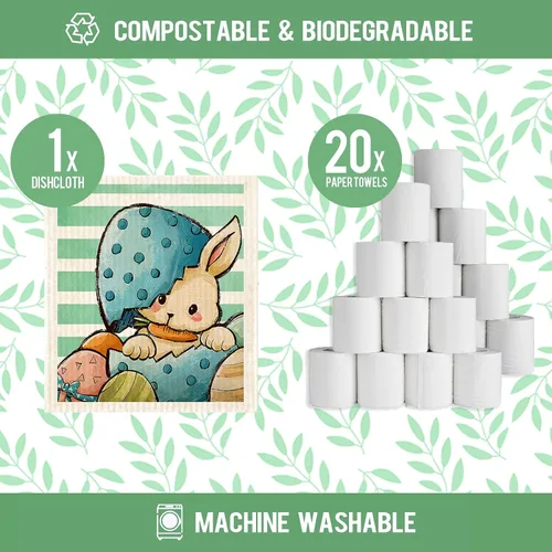 Miniatura 3 de Paños de cocina suecos de gnomo de conejo de Pascua, reutilizables, sostenibles, biodegradables, de esponja de celulosa, paños de limpieza