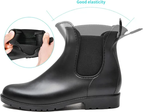 Miniatura 3 de DKSUKO Botas de lluvia cortas para mujer, botas de jardín impermeables de goma, botas elásticas sin cordones, botas Chelsea a la moda, zapatos