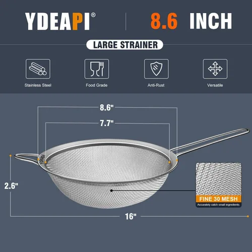 Miniatura 3 de Ydeapi Colador grande de malla fina de 8.6 pulgadas con asa, coladores de alimentos de metal para cocina, tamiz de malla fina de acero inoxidable