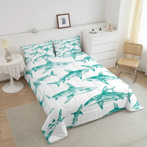 Miniatura 3 de Erosebridal Juego de edredón de tiburón, tamaño individual, juego de ropa de cama de vida oceánica para niños y niñas, color verde azulado