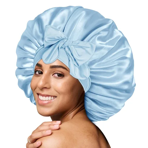 Miniatura 9 de Gorro de satén de seda para dormir con banda ancha para cabello rizado, color rosado oro rosa claro