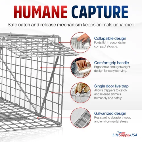 Miniatura 2 de Trampa para animales de 32" plegable de LifeSupplyUSA, jaula resistente para atrapar y liberar animales. Ideal para mapaches, zarigüeyas, gatos