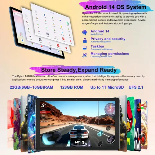 Miniatura 3 de 2025 Tablet Android 14 de 10 pulgadas, 22 GB RAM + 128 GB ROM/1 TB de expansión, batería de 8000 mAh, Octa-Core, pantalla IPS HD de 1280 * 800