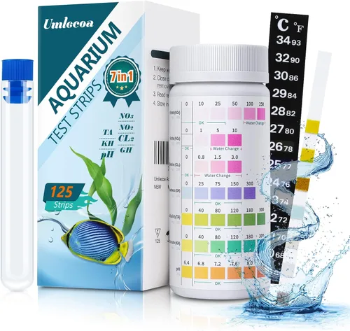 Umlecoa Kit de prueba de acuario 7 en 1 para agua dulce y salada - 125 tiras de prueba de acuario con tubo de ensayo y termómetro - Tiras de prueba