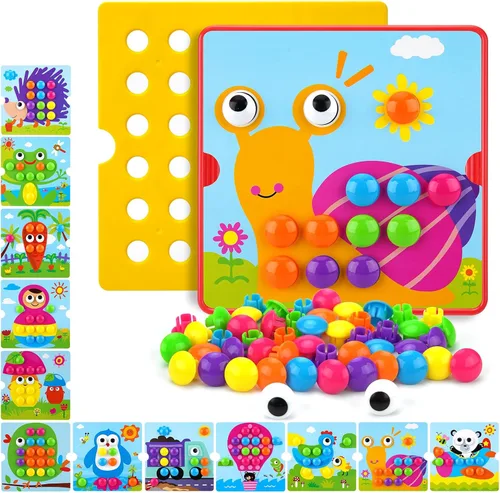 AluAbi Large Button Art Toys for Toddlers, 10'' x 10'' Color Matching Mosaic Pegboard with 12 Pictures and 46 Buttons, Early Educational Toys for 3,