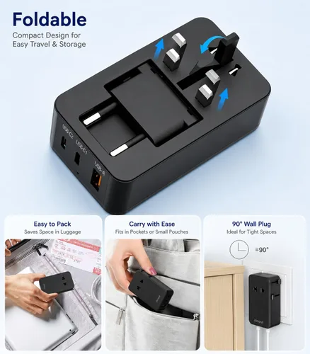 Miniatura 5 de Jasput Adaptador de viaje universal de 25 W, mini adaptador ultrafino con 2 USB-C y 1 USB-A, carga rápida para teléfonos inteligentes, tabletas