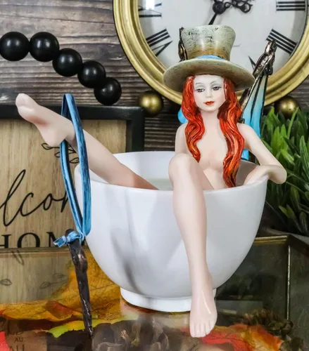 Miniatura 8 de Ebros Gift Amy Brown - Taza de té Steampunk cerrajero portador de llaves con alas de dragón mecánicas y sombrero de copa en baño de té cálido