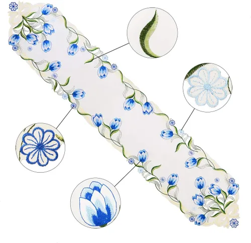 Miniatura 3 de Caminos de mesa pequeños bordados de tulipán, manteles florales de primavera para Pascua (azul, 13 x 35 pulgadas)