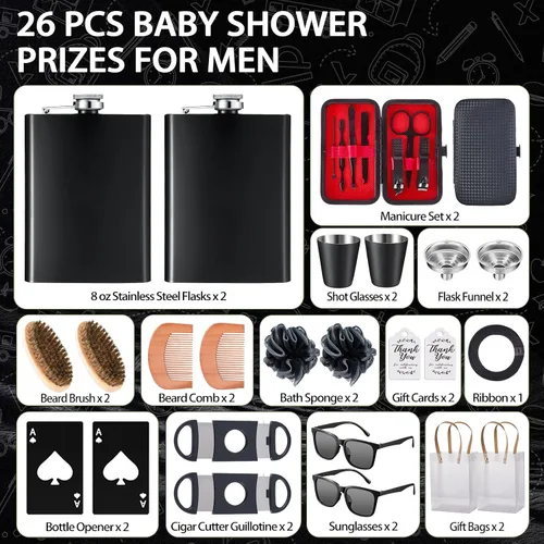 Miniatura 4 de Juego de 74 premios para baby shower para hombres, 6 juegos con frasco de cadera de acero inoxidable con embudo y abridor de botellas, kit