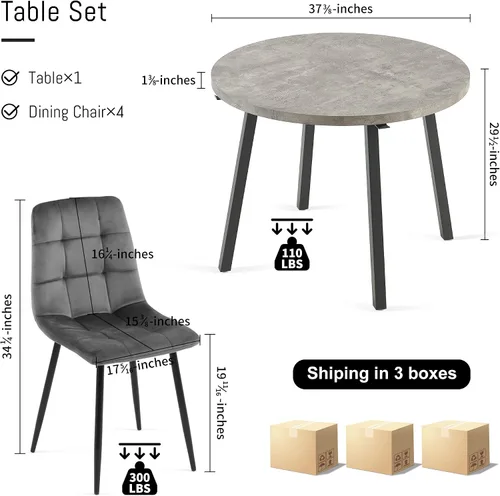 Miniatura 7 de NORDICANA Juego de comedor de madera de 5 piezas para 4, mesa de cocina pequeña con sillas tapizadas, juego de mesa redonda gris y sillas