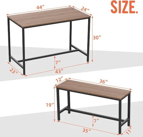 Miniatura 5 de Yongchuang Juego de mesa de comedor de cocina de 44 pulgadas para 4, mesa de cocina de 3 piezas con 2 bancos para comedor, espacio pequeño, mesa