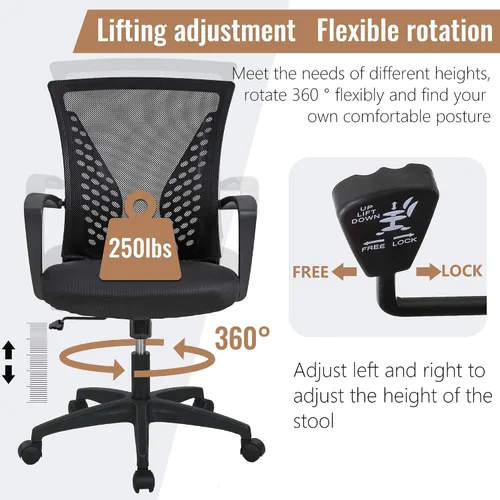Miniatura 5 de Silla de oficina FDW para el hogar, con respaldo de altura media, para computadora, con soporte lumbar giratorio, ajustable, para trabajo, Negro