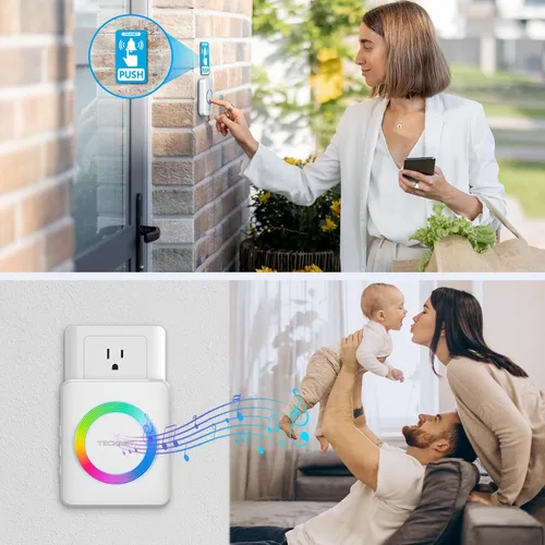 Miniatura 7 de TECKNET Timbre inalámbrico, timbre de puerta 0-120dB, alcance inalámbrico de 1300 pies, timbres para aulas resistentes al agua IP65, 60 sonidos