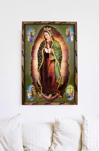 Miniatura 4 de Mrcjsales: imagen de Nuestra Señora de Guadalupe con imágenes en la esquina en marco rústico, pintura al óleo, 24 x 36 pulgadas, 13 x 18 pulgadas