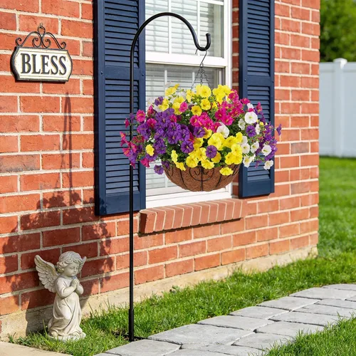 Miniatura 4 de Flores colgantes artificiales con cesta para exteriores, petunias sintéticas, plantas colgantes falsas con eucalipto, resistentes a los rayos UV