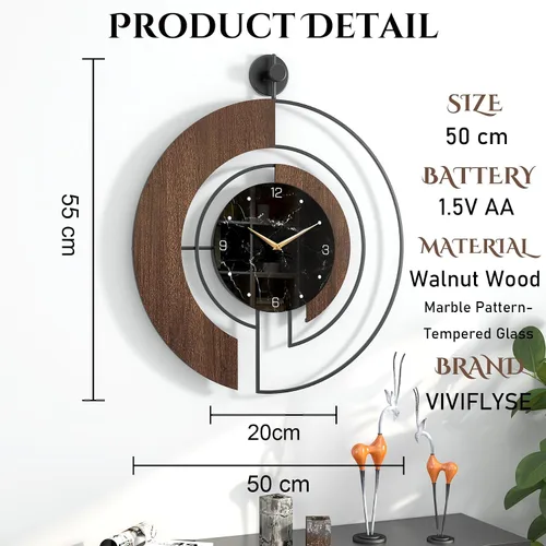 Miniatura 2 de Reloj de pared moderno con esfera de mármol de nogal, marco de metal de madera grande, silencioso, sin tictac, para sala de estar, decoración