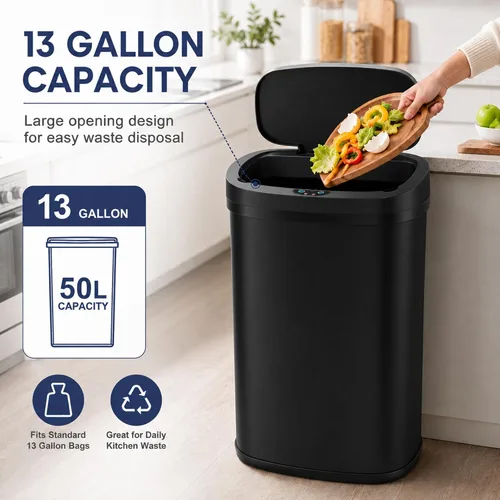 Miniatura 3 de Bote de basura automático de acero inoxidable de 13.2 galones con sistema de control de olores, sensor de movimiento semicircular sin tacto de 50