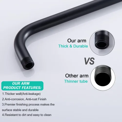 Miniatura 4 de Brazo de ducha de 16 pulgadas con brida, acero inoxidable negro mate de 90 grados, brazo de extensión de cabezal de ducha montado en la pared