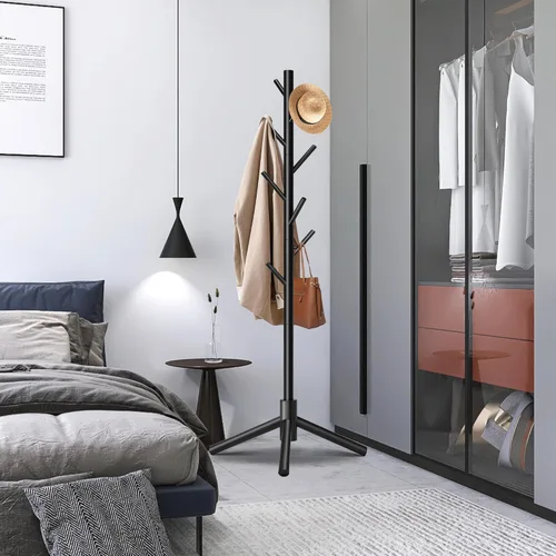 Miniatura 2 de Unisakey Perchero de madera duradero, perchero independiente con base triangular estable, 8 ganchos y 3 alturas ajustables, montaje simple para Negro