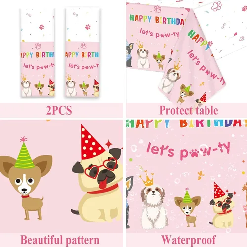 Miniatura 5 de Juego de 98 piezas de decoración de fiesta de cumpleaños de perro, juego de vajilla para cachorros, platos, servilletas, mantel con temática