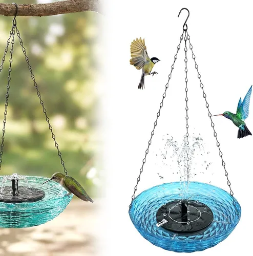 Fuente de baño colgante para pájaros en cascada solar, fuente de agua al aire libre en cascada con agua que fluye, bañera colgante para pájaros