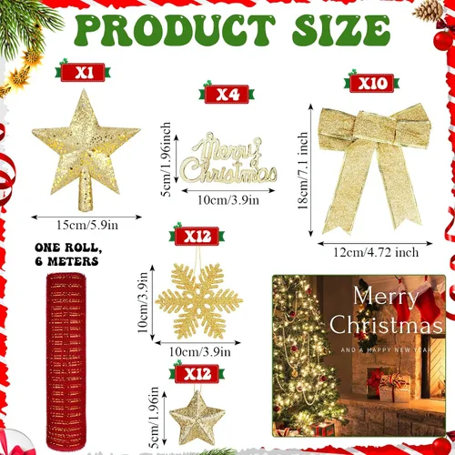 Miniatura 3 de Liliful - Juego de adornos para árbol de Navidad de 132 piezas, incluye bolas de Navidad, adornos LED, luces, purpurina, lazos de flor de pascua