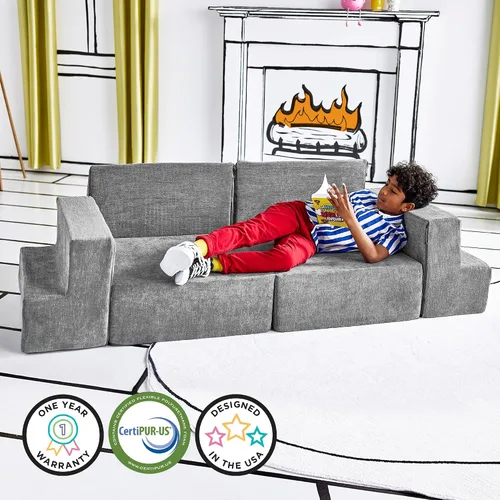 Miniatura 6 de Sofá de Juego para Niños y Pequeños de Yourigami, Juego de Sofás para Sala de Juegos, Diseño Modular Duradero, Gris Montaña