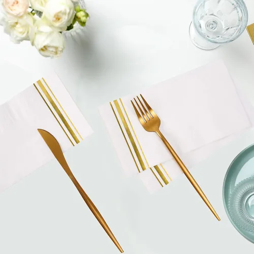 Miniatura 5 de 200 servilletas de papel forradas con borde dorado, elegantes servilletas de cena de 3 capas de papel blanco y dorado, toallas de mano desechables