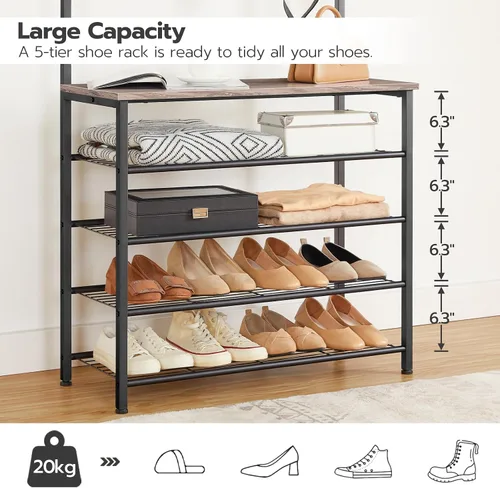 Miniatura 5 de HOOBRO Árbol de Pasillo, Perchero con Zapatero, Árbol de Pasillo con Banco, Organizador de Almacenamiento de Zapatos de 5 Niveles con 9 Ganchos