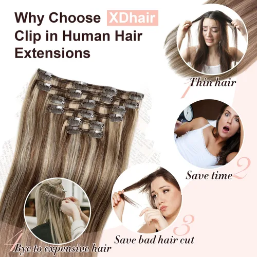 Miniatura 8 de XDhair Extensiones de cabello humano Remy con pinzas, color marrón medio #4, mezclado con rubio caramelo #27, 3.53 oz, 6