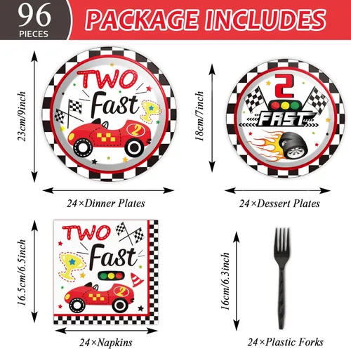 Miniatura 2 de 96 piezas de platos y servilletas Two Fast, decoraciones para fiestas de autos de carreras Racing 2 Fast, juego de platos y servilletas