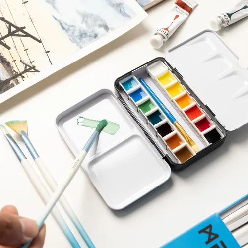 Miniatura 6 de MEEDEN Paleta de pintura de acuarela vacía: paleta de colores de agua de viaje con 12 medias sartenes - Caja de lata portátil de paleta de metal