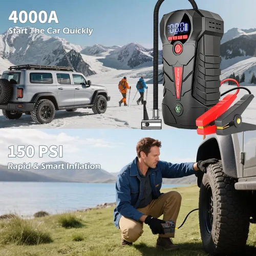 Miniatura 7 de Arrancador con compresor de aire, refuerzo de batería de coche portátil de 4000A, caja de arranque de batería de coche 4 en 1 (8.5L Gas/6L Diesel)